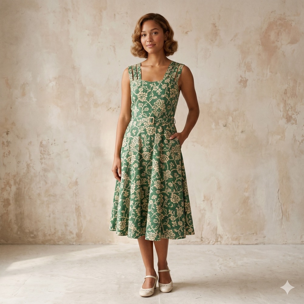 Effies Heart Green Floral Cage Strap Midi Dress S Belted Pockets Stretch Cotton‎